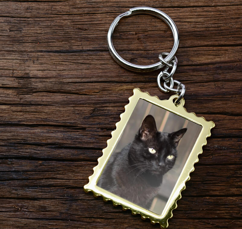 Foto de um gato preto impresso num porta-chaves de metal