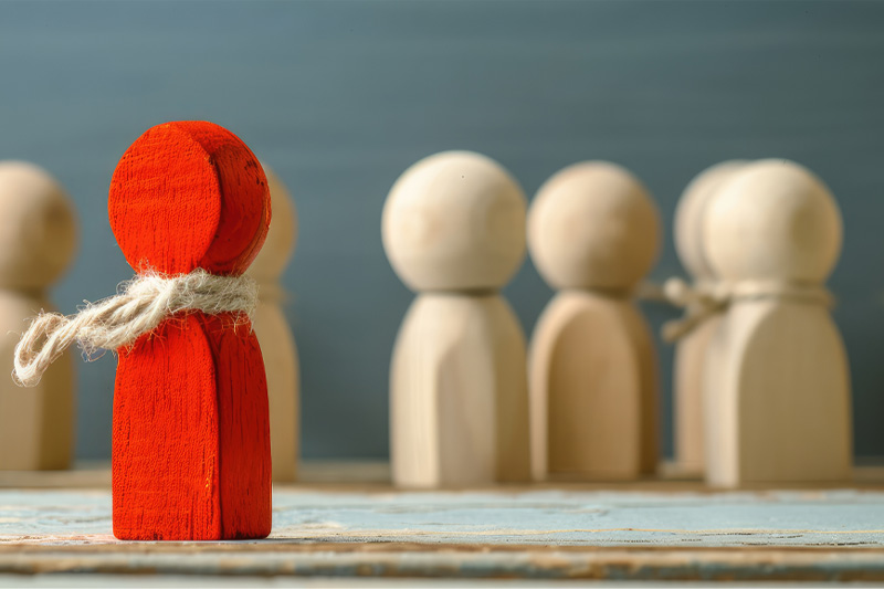 Een rood houten figuur met een touw eromheen