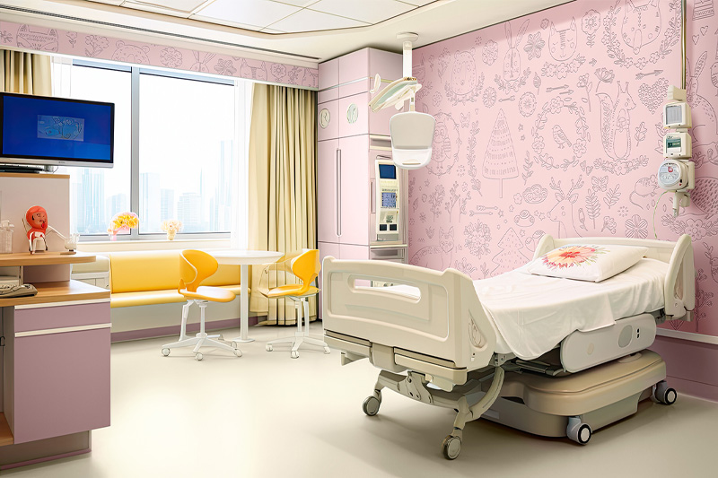 Una habitación de hospital decorada con un gráfico mural de Dimense