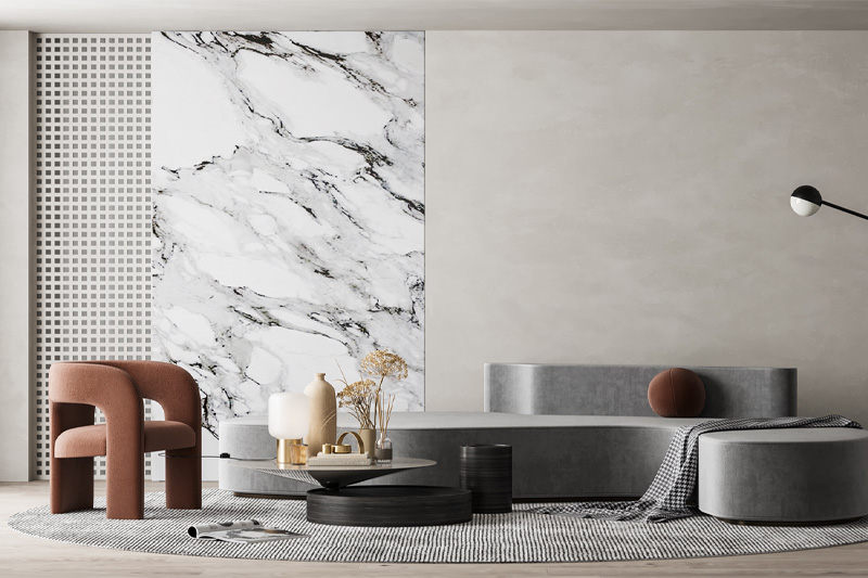 A room with marble-effect wall art